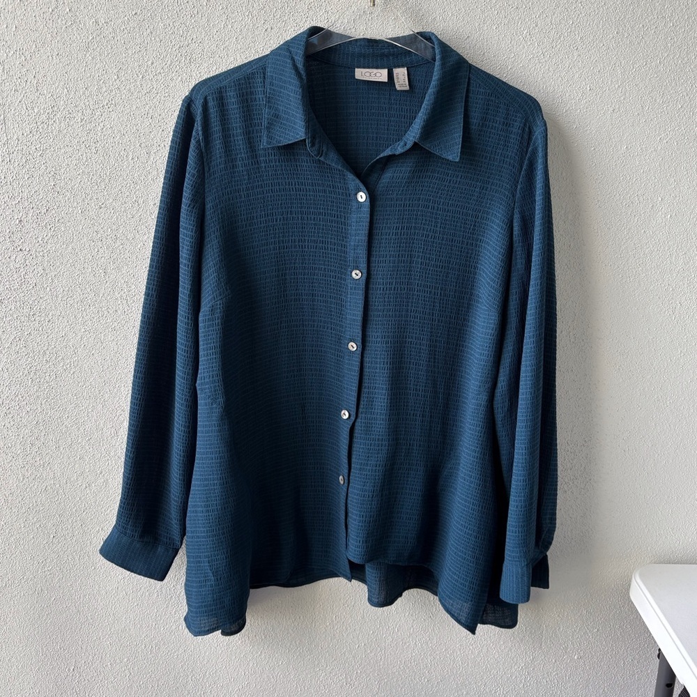 LOGO Lori Goldstein Long Sleeve Asymmetrical Teal Large Oversized Pockets Button